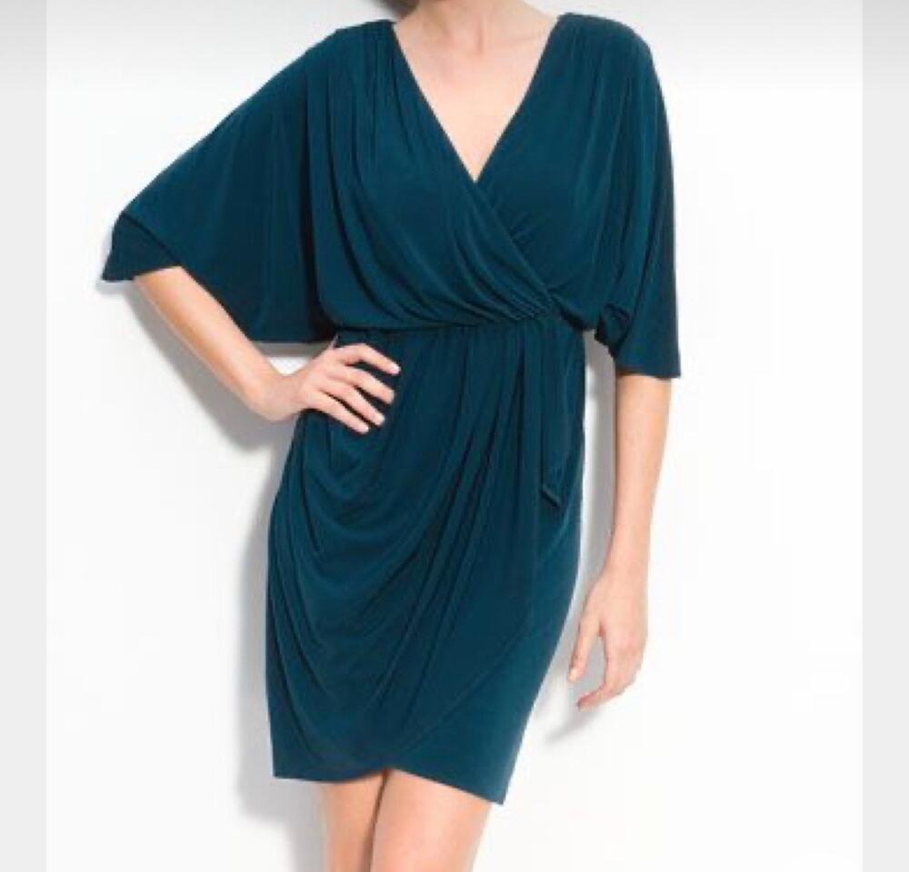 Suzi Chin Maggy Boutique Faux Wrap Dress 4P Petite Teal Elbow Sleeve